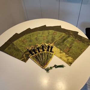 Embroidered Green Decorative Folding Fan Set with Beaded Tassel